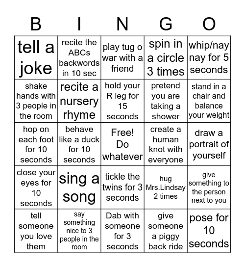 Action BINGO Card