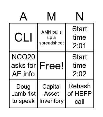 V20 CAM Call Bingo Card