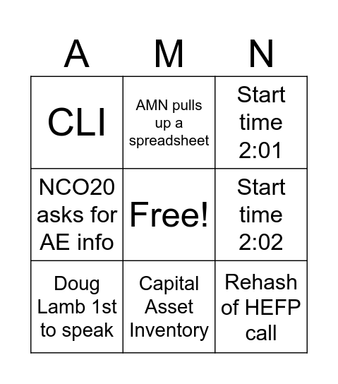 V20 CAM Call Bingo Card