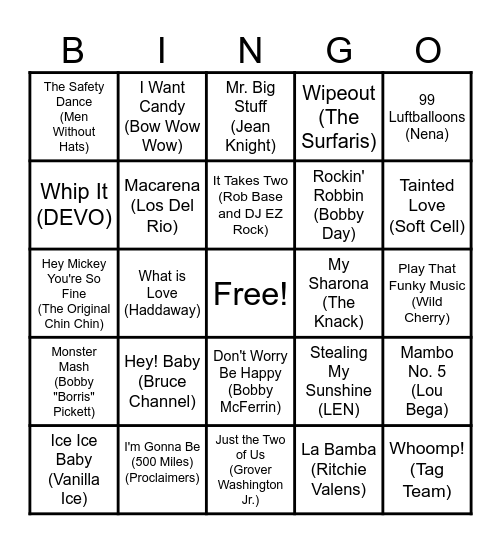 One Hit Wonder Bingo! Bingo Card