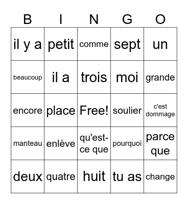 More French Vocabulary Bingo Card