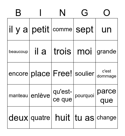 More French Vocabulary Bingo Card