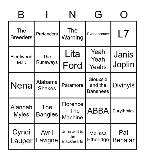 Girls Rock Mix Bingo Card