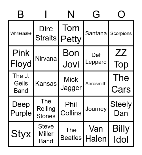 Guys Rock Mix Bingo Card