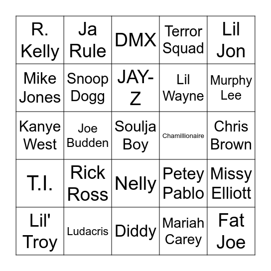 2000s Hip Hop & R&B Bingo Card