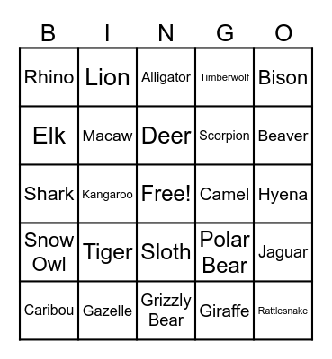 Animal Bingo Card