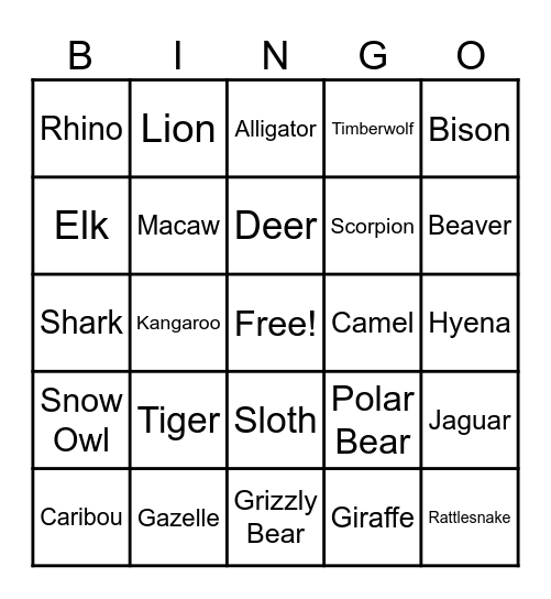 Animal Bingo Card