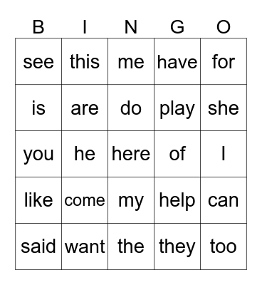 Sight Words Bingo Card