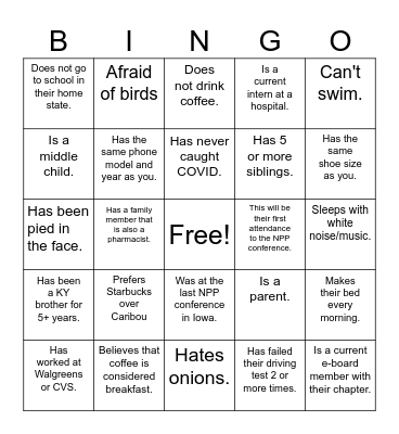 Meet me bingo, Pharmacy edition. Bingo Card