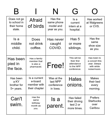 Meet me bingo, Pharmacy edition. Bingo Card