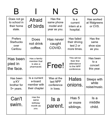 Meet me bingo, Pharmacy edition. Bingo Card