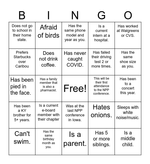 Meet me bingo, Pharmacy edition. Bingo Card