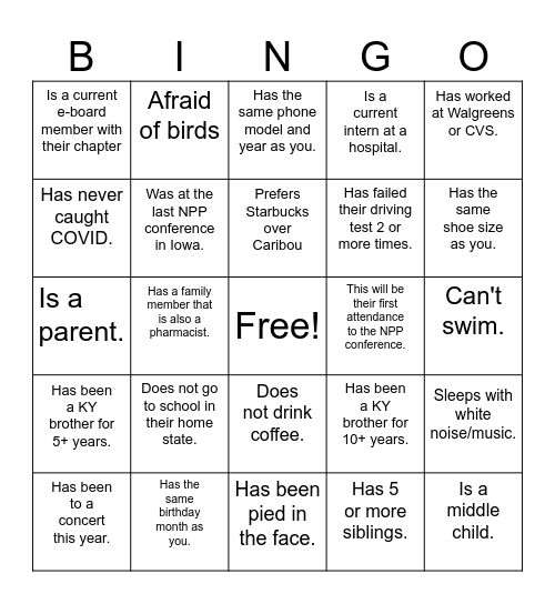 Meet me bingo, Pharmacy edition. Bingo Card