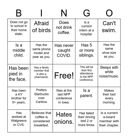 Meet me bingo, Pharmacy edition. Bingo Card