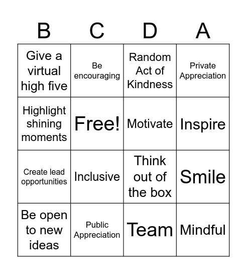 Appreciation Bingo Card