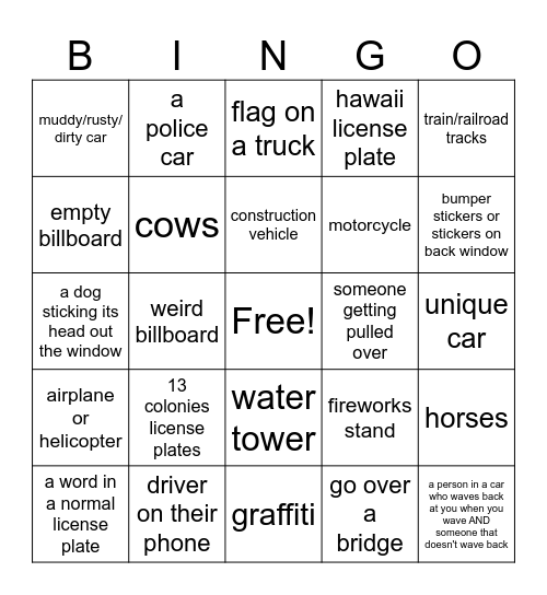 cool awesome car ride bingo Card