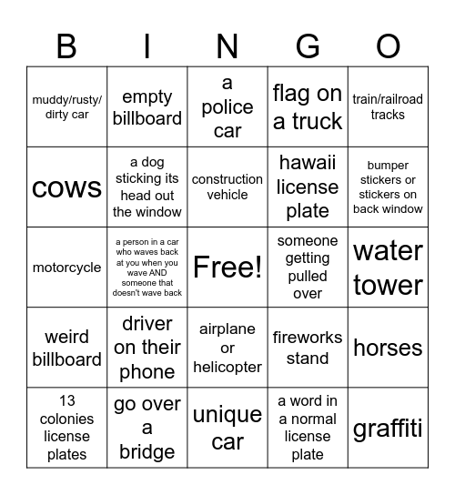 cool awesome car ride bingo Card