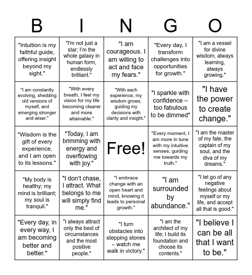 Affirmation Bingo Card