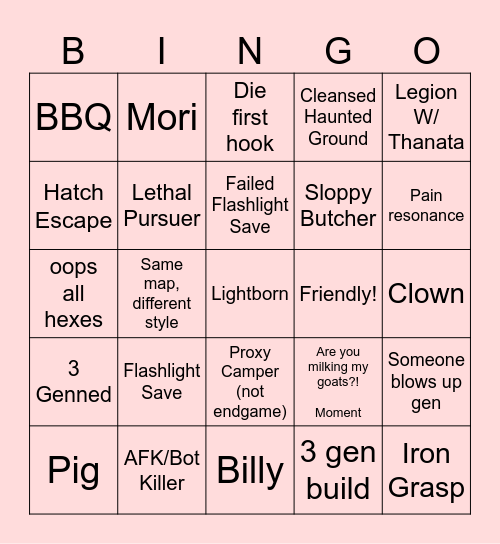 Dead by Daylight Bingo Card