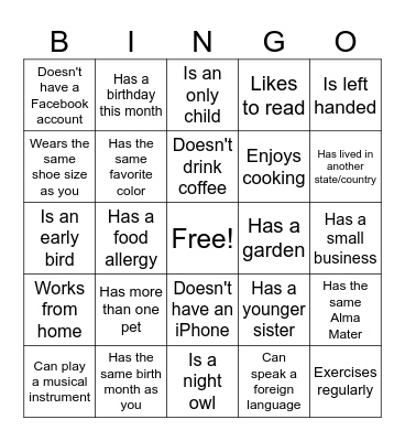 Getting to Know You Bingo Card