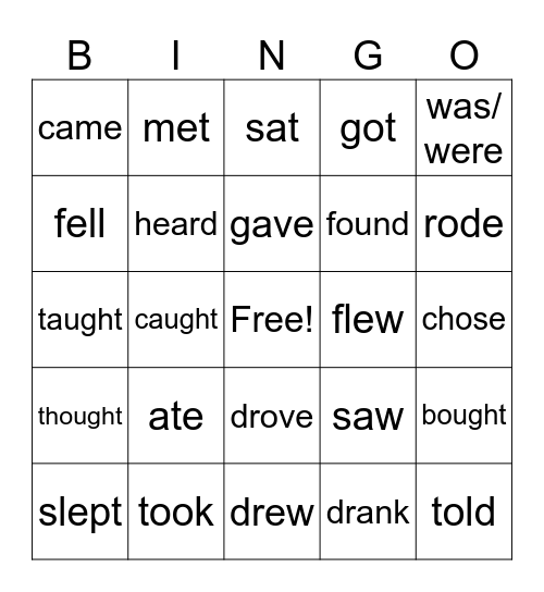 Past Tense of Irregular Verbs Bingo Card