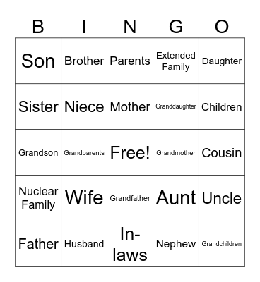 SBS Chapter 6 - Family Vocabulary Bingo Card