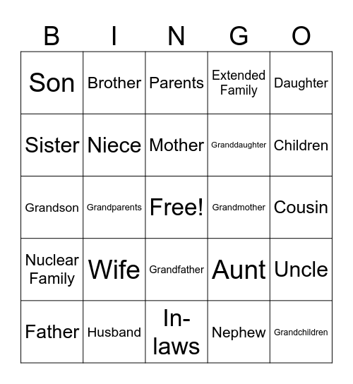 SBS Chapter 6 - Family Vocabulary Bingo Card