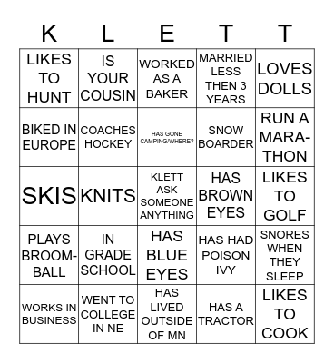 KLETT FAMILY REUNION Bingo Card