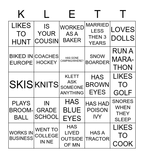 KLETT FAMILY REUNION Bingo Card