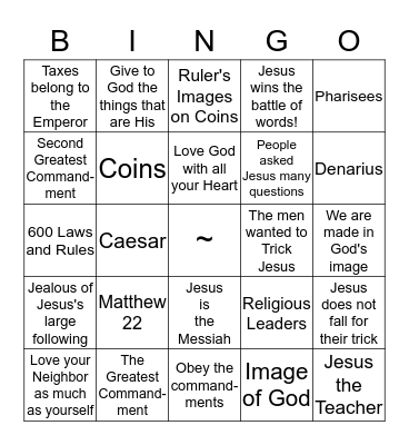 the Greatest Commandment Bingo Card