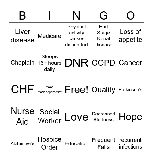 Hospice Bingo Card