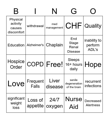 Hospice Bingo Card