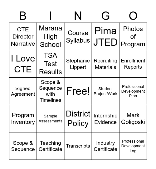 CTE Dept. of Ed Audit Bingo Card