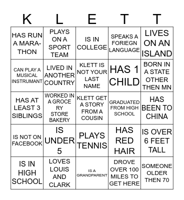 KLETT REUNION Bingo Card