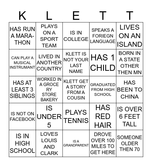 KLETT REUNION Bingo Card