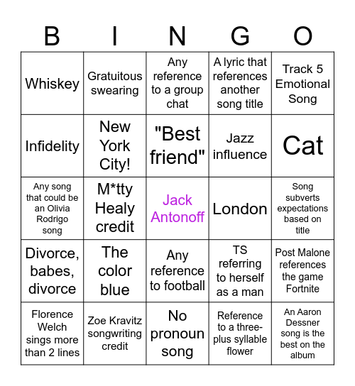 TTPD Bingo Card Bingo Card