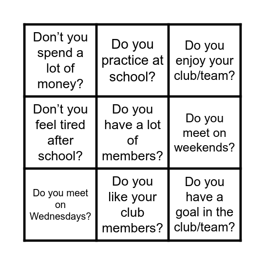 Team/Club Bingo! Bingo Card