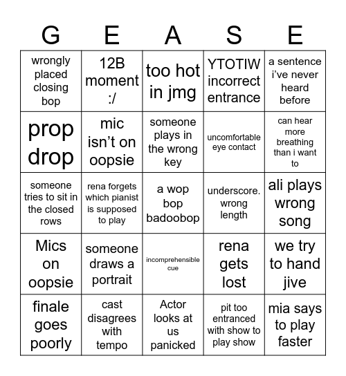 Grease Pit Bingo Card