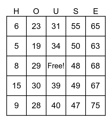 Justin’s Housewarming Party Bingo Card