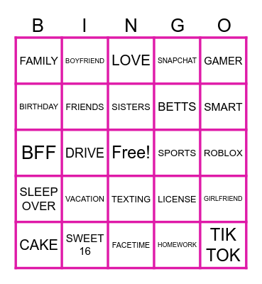 Ava Betts' 16th Birthday Bingo Card