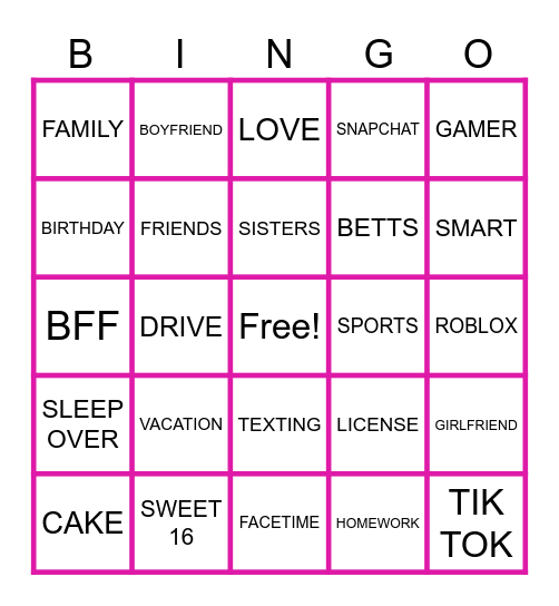 Ava Betts' 16th Birthday Bingo Card