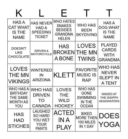 KLETT REUNION Bingo Card