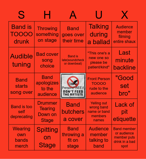 Don't Feed the Artists Shaux Pas Bingo Card