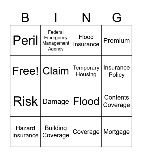 Flood Insurance Bingo Card