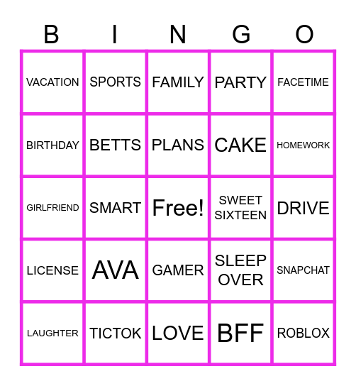AVA'S 16th Birthday Bingo Card
