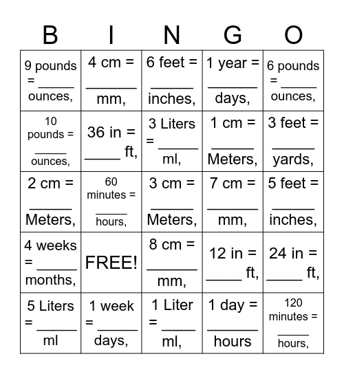 Math Conversion Bingo Card