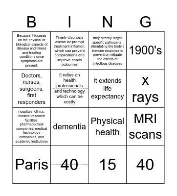 Biomedical model of health Bingo Card