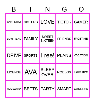 Ava's 16th Birthday Bingo Card
