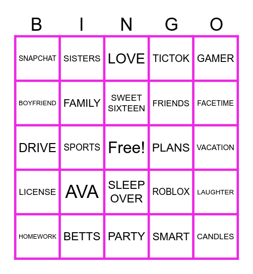 Ava's 16th Birthday Bingo Card