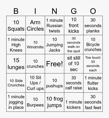 Physical Fitness Bingo Card